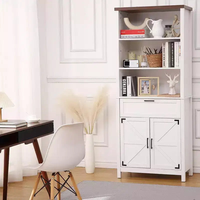 Libreria a 6 ripiani in stile rustico alta 72" con ante, mobile e cassetto, libreria in legno con ripiani regolabili per soggiorno, cucina e camera da letto