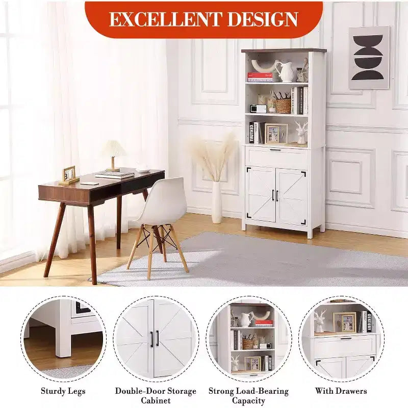 Libreria a 6 ripiani in stile rustico alta 72" con ante, mobile e cassetto, libreria in legno con ripiani regolabili per soggiorno, cucina e camera da letto