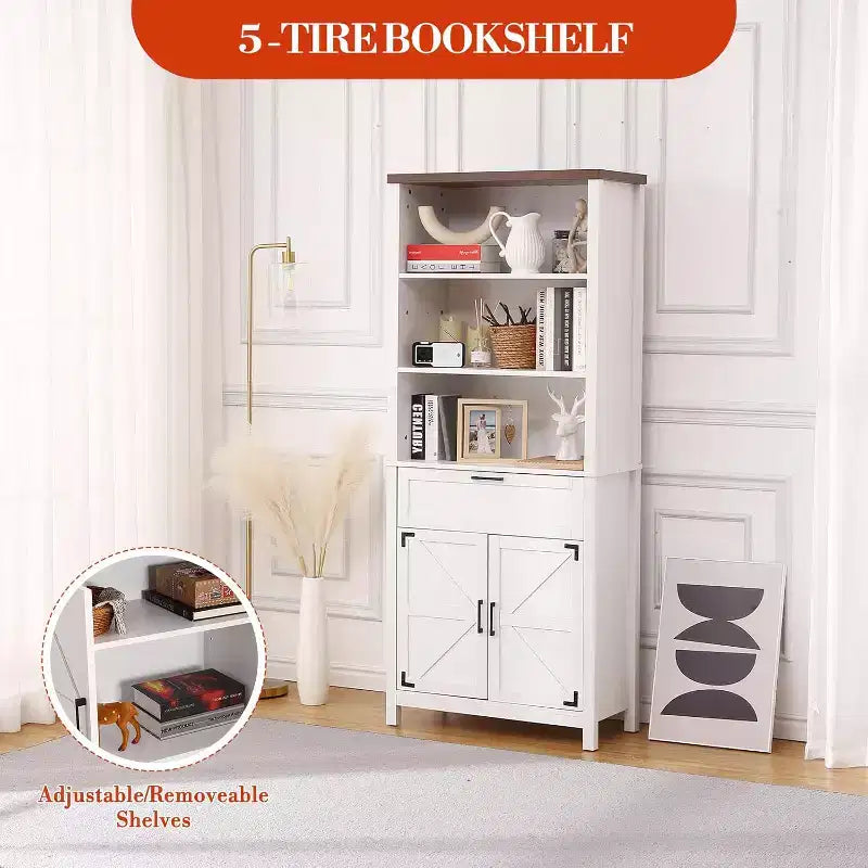 Libreria a 6 ripiani in stile rustico alta 72" con ante, mobile e cassetto, libreria in legno con ripiani regolabili per soggiorno, cucina e camera da letto