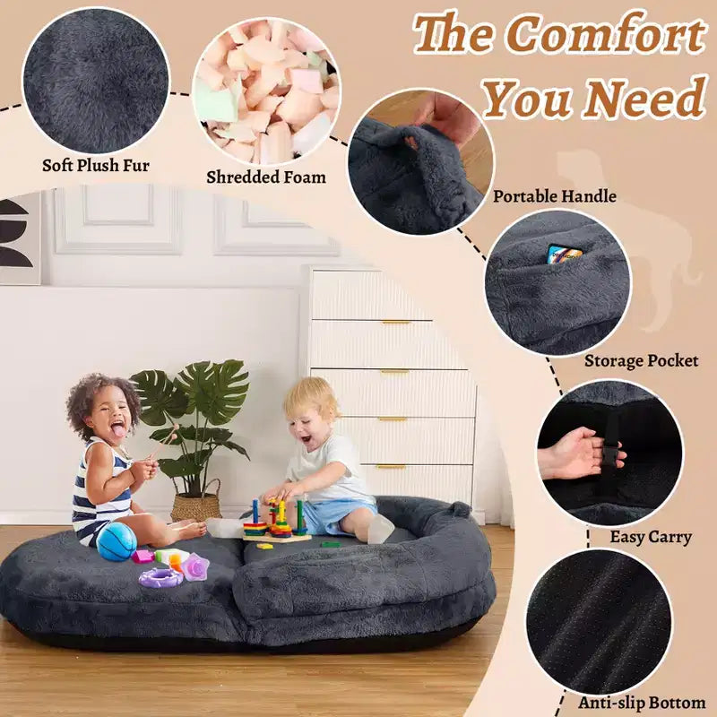 Cuscino per Cani a Misura d'Uomo per Persone Adulte, Cuccia Pieghevole per Umani, 180x110x25 cm, Cuccia Gigante con Copertura Rimovibile, Lettino per Cani in Pelliccia Sintetica Lavabile