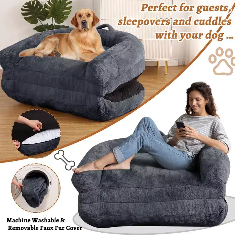 Cuscino per Cani a Misura d'Uomo per Persone Adulte, Cuccia Pieghevole per Umani, 180x110x25 cm, Cuccia Gigante con Copertura Rimovibile, Lettino per Cani in Pelliccia Sintetica Lavabile