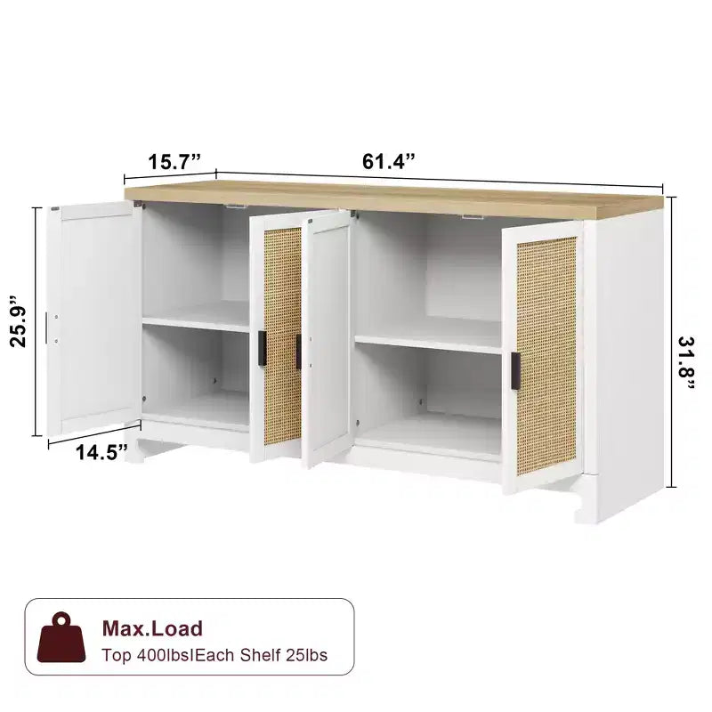 Mobile contenitore moderno in rattan con 4 ante intrecciate e ripiano regolabile - Tavolo consolle e mobile bar per cucina, sala da pranzo e soggiorno, mobiletto d'accento