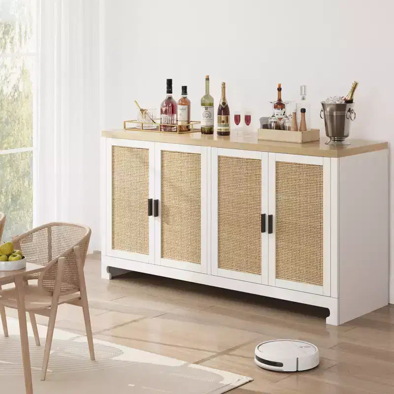 Mobile contenitore moderno in rattan con 4 ante intrecciate e ripiano regolabile - Tavolo consolle e mobile bar per cucina, sala da pranzo e soggiorno, mobiletto d'accento