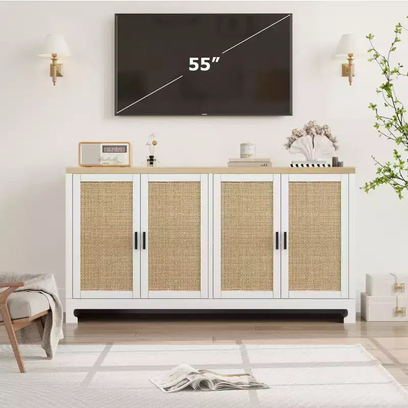 Mobile contenitore moderno in rattan con 4 ante intrecciate e ripiano regolabile - Tavolo consolle e mobile bar per cucina, sala da pranzo e soggiorno, mobiletto d'accento