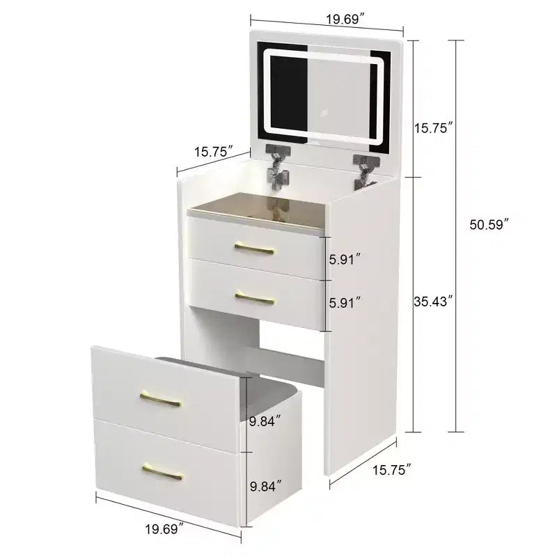3 in 1 Tavolo Trucco Toilette Compatto Tavolino da Trucco con Sgabello, Specchio Illuminato, Cassetti e Piano in Vetro a Vista, Bianco - ModernLuxe