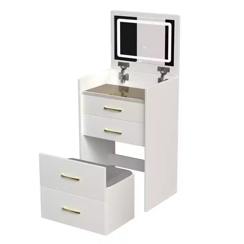 3 in 1 Tavolo Trucco Toilette Compatto Tavolino da Trucco con Sgabello, Specchio Illuminato, Cassetti e Piano in Vetro a Vista, Bianco - ModernLuxe