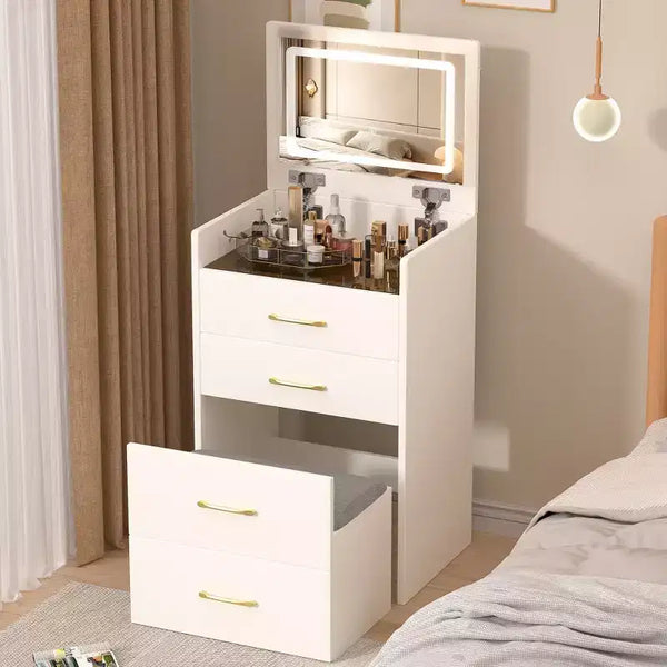3 in 1 Tavolo Trucco Toilette Compatto Tavolino da Trucco con Sgabello, Specchio Illuminato, Cassetti e Piano in Vetro a Vista, Bianco - ModernLuxe