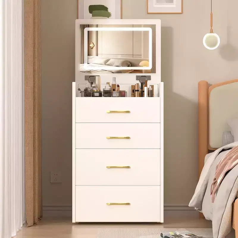 3 in 1 Tavolo Trucco Toilette Compatto Tavolino da Trucco con Sgabello, Specchio Illuminato, Cassetti e Piano in Vetro a Vista, Bianco - ModernLuxe