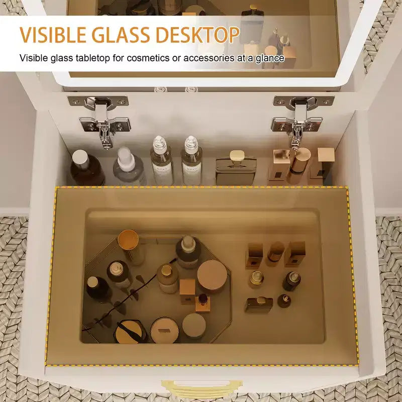 3 in 1 Tavolo Trucco Toilette Compatto Tavolino da Trucco con Sgabello, Specchio Illuminato, Cassetti e Piano in Vetro a Vista, Bianco - ModernLuxe