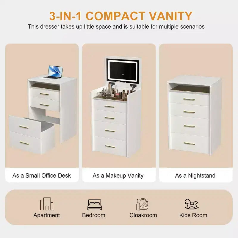 3 in 1 Tavolo Trucco Toilette Compatto Tavolino da Trucco con Sgabello, Specchio Illuminato, Cassetti e Piano in Vetro a Vista, Bianco - ModernLuxe