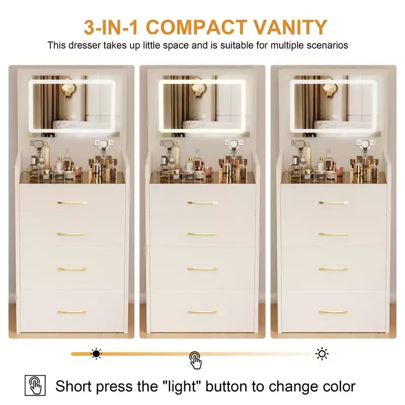 3 in 1 Tavolo Trucco Toilette Compatto Tavolino da Trucco con Sgabello, Specchio Illuminato, Cassetti e Piano in Vetro a Vista, Bianco - ModernLuxe