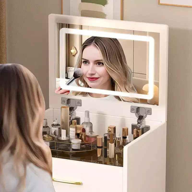 3 in 1 Tavolo Trucco Toilette Compatto Tavolino da Trucco con Sgabello, Specchio Illuminato, Cassetti e Piano in Vetro a Vista, Bianco - ModernLuxe