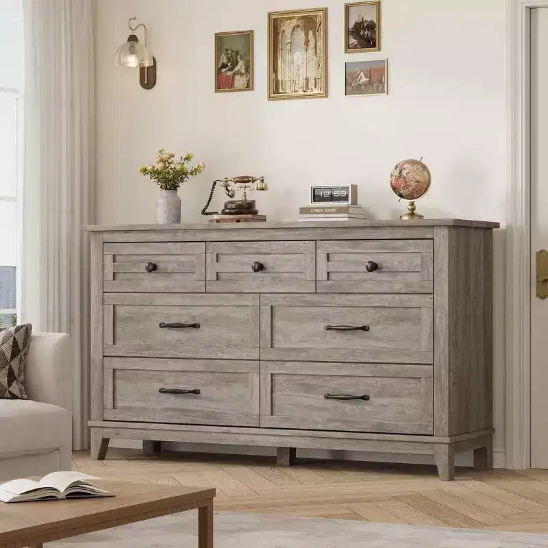 Cassettiera a 7 cassetti per camera da letto, comò rustico in legno con texture naturale, organizer per camera da letto e soggiorno
