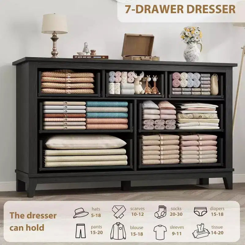 Cassettiera a 7 cassetti per camera da letto, comò rustico in legno con texture naturale, organizer per camera da letto e soggiorno
