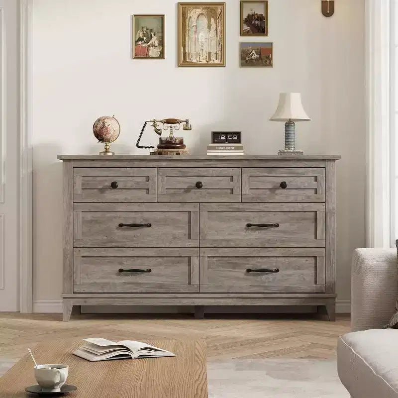 Cassettiera a 7 cassetti per camera da letto, comò rustico in legno con texture naturale, organizer per camera da letto e soggiorno