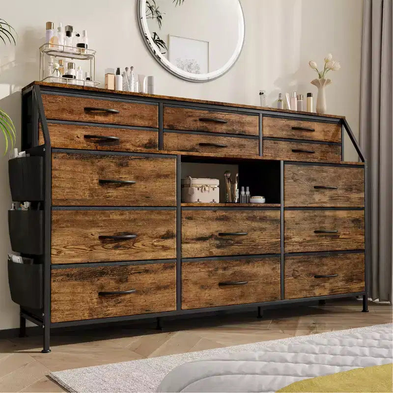 per camera da letto con 14 cassetti, comò da 55 W con tasca laterale, cassettiere e comò in tessuto con ripiani, telaio robusto, piano in legno