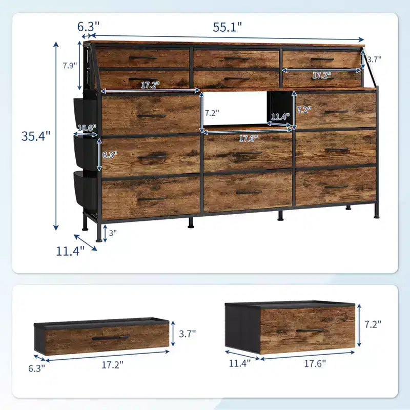 per camera da letto con 14 cassetti, comò da 55 W con tasca laterale, cassettiere e comò in tessuto con ripiani, telaio robusto, piano in legno