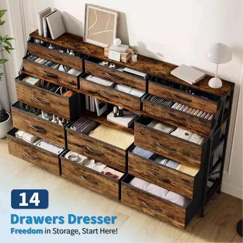 per camera da letto con 14 cassetti, comò da 55 W con tasca laterale, cassettiere e comò in tessuto con ripiani, telaio robusto, piano in legno