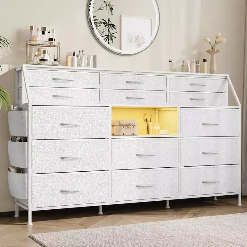 per camera da letto con 14 cassetti, comò da 55 W con tasca laterale, cassettiere e comò in tessuto con ripiani, telaio robusto, piano in legno