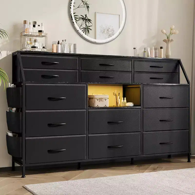 per camera da letto con 14 cassetti, comò da 55 W con tasca laterale, cassettiere e comò in tessuto con ripiani, telaio robusto, piano in legno
