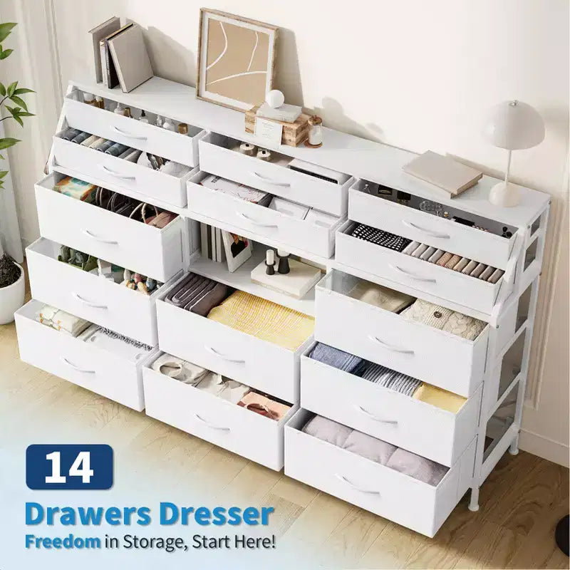 per camera da letto con 14 cassetti, comò da 55 W con tasca laterale, cassettiere e comò in tessuto con ripiani, telaio robusto, piano in legno