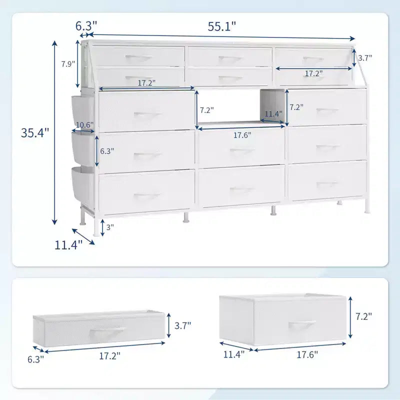 per camera da letto con 14 cassetti, comò da 55 W con tasca laterale, cassettiere e comò in tessuto con ripiani, telaio robusto, piano in legno