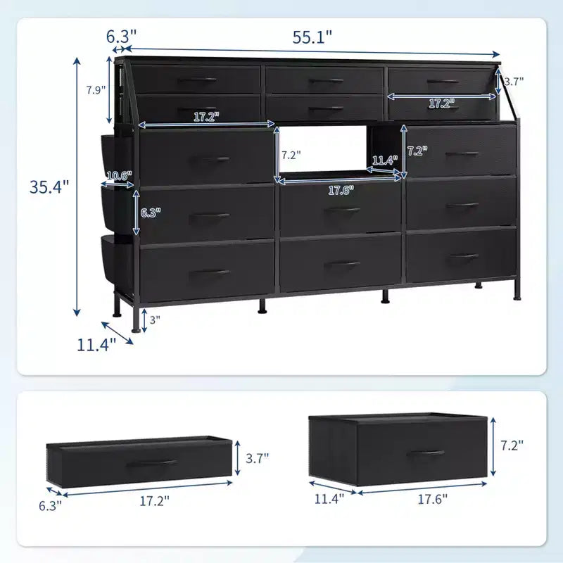 per camera da letto con 14 cassetti, comò da 55 W con tasca laterale, cassettiere e comò in tessuto con ripiani, telaio robusto, piano in legno