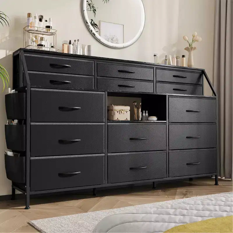 per camera da letto con 14 cassetti, comò da 55 W con tasca laterale, cassettiere e comò in tessuto con ripiani, telaio robusto, piano in legno