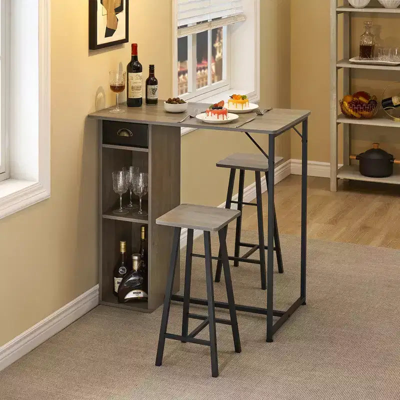 Set da 3 pezzi con tavolino da bar e sedie, tavolo da pub salvaspazio con cassetto e ripiano contenitore, stile retrò