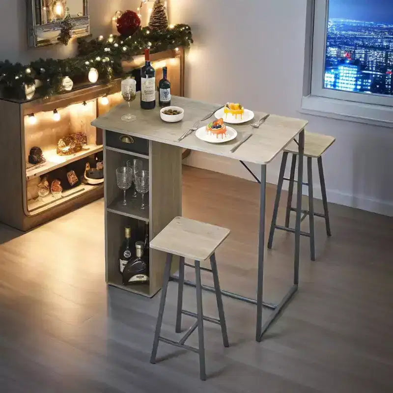 Set da 3 pezzi con tavolino da bar e sedie, tavolo da pub salvaspazio con cassetto e ripiano contenitore, stile retrò