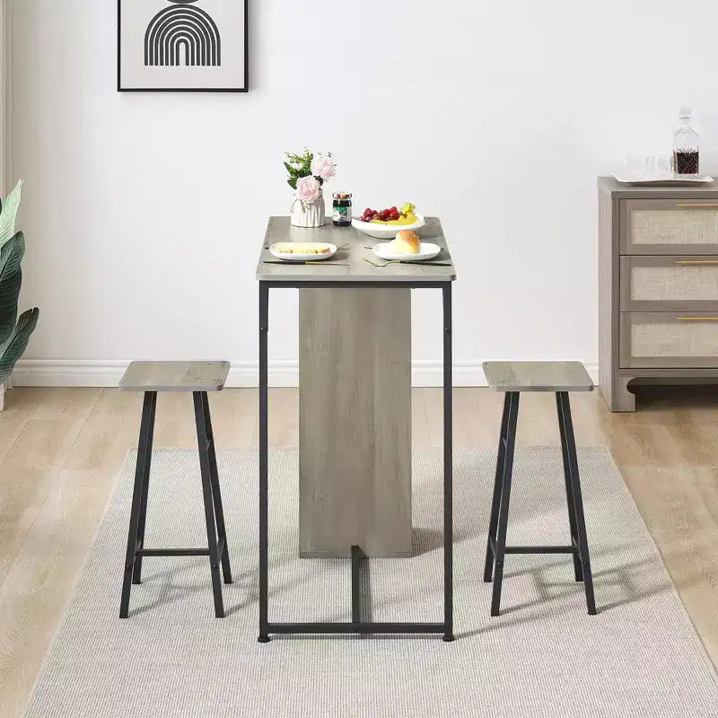Set da 3 pezzi con tavolino da bar e sedie, tavolo da pub salvaspazio con cassetto e ripiano contenitore, stile retrò
