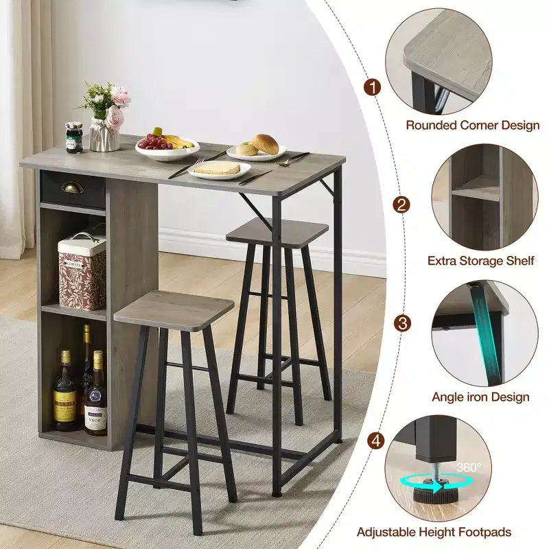 Set da 3 pezzi con tavolino da bar e sedie, tavolo da pub salvaspazio con cassetto e ripiano contenitore, stile retrò
