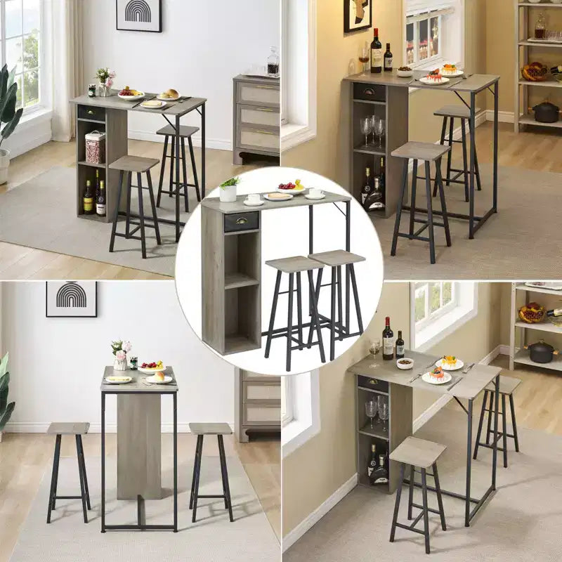 Set da 3 pezzi con tavolino da bar e sedie, tavolo da pub salvaspazio con cassetto e ripiano contenitore, stile retrò