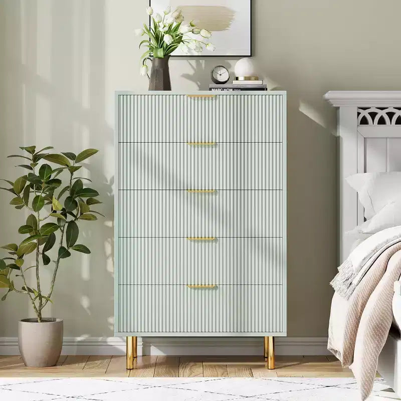 TROPOW Green Dresser, Modern 5 Drawer Dresser for Bedroom with Gold Handle and Large Drawer, Wood Double Chest of Drawers,Green