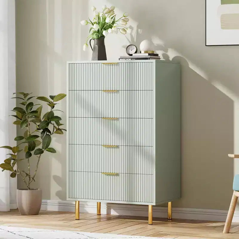 Cassettiera verde, cassettiera moderna a 5 cassetti per camera da letto con maniglia dorata e cassetto grande, cassettiera doppia in legno, verde