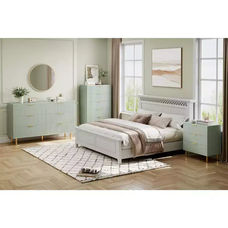 Cassettiera verde, cassettiera moderna a 5 cassetti per camera da letto con maniglia dorata e cassetto grande, cassettiera doppia in legno, verde