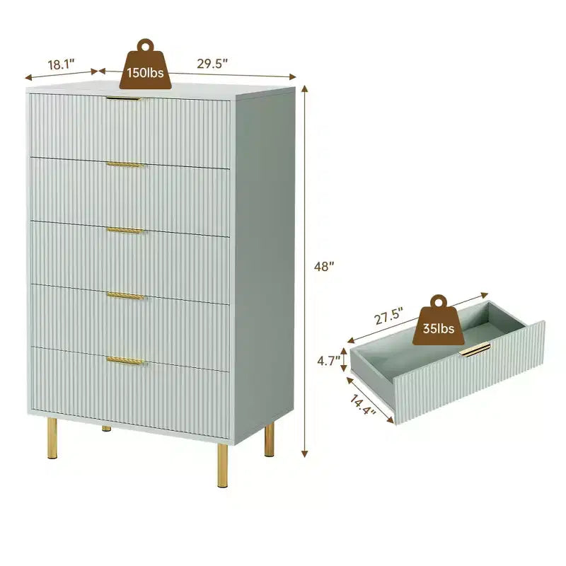 Cassettiera verde, cassettiera moderna a 5 cassetti per camera da letto con maniglia dorata e cassetto grande, cassettiera doppia in legno, verde