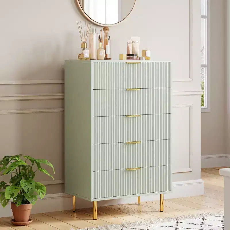 Cassettiera verde, cassettiera moderna a 5 cassetti per camera da letto con maniglia dorata e cassetto grande, cassettiera doppia in legno, verde