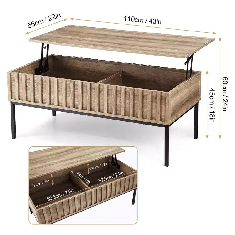 Tavolino da caffè con piano sollevabile, Tavolino da caffè moderno di metà secolo, Tavolino da caffè in legno stile rustico con vano portaoggetti nascosto, Tavolino da salotto rustico