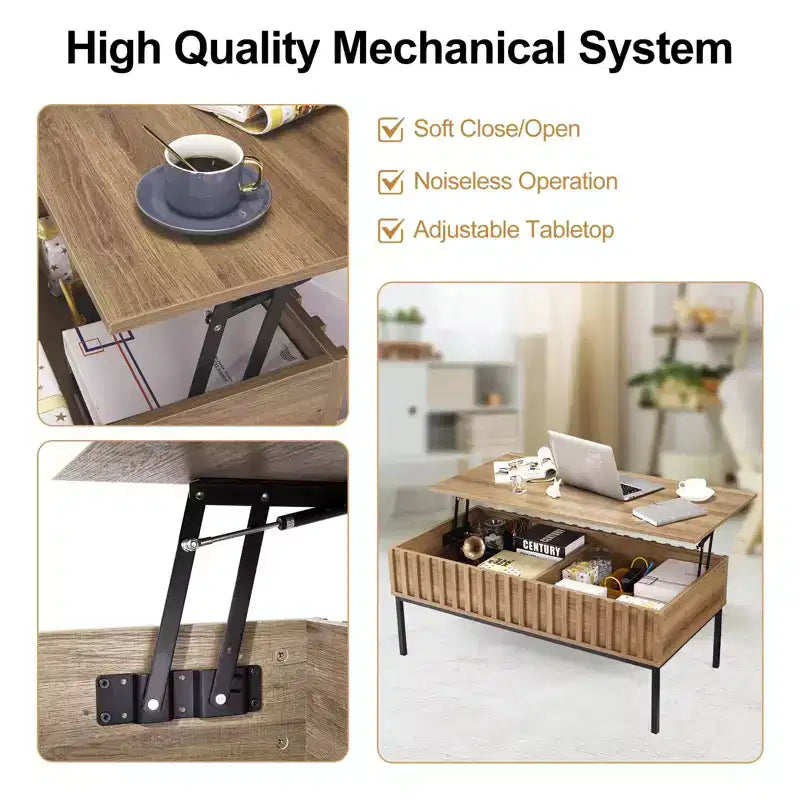 Tavolino da caffè con piano sollevabile, Tavolino da caffè moderno di metà secolo, Tavolino da caffè in legno stile rustico con vano portaoggetti nascosto, Tavolino da salotto rustico