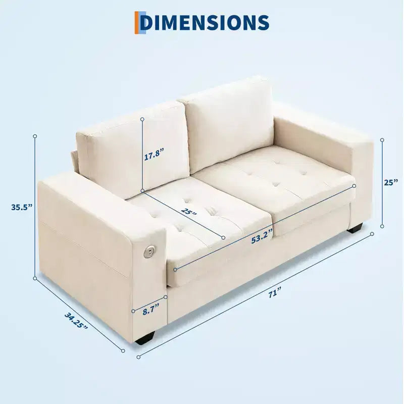 Divano Cloud 70'' in ciniglia stile Mid-Century, Seduta Profonda, Porte USB, Tasche Laterali, Nessun Montaggio
