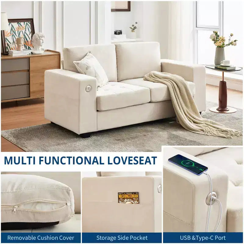 Divano Cloud 70'' in ciniglia stile Mid-Century, Seduta Profonda, Porte USB, Tasche Laterali, Nessun Montaggio