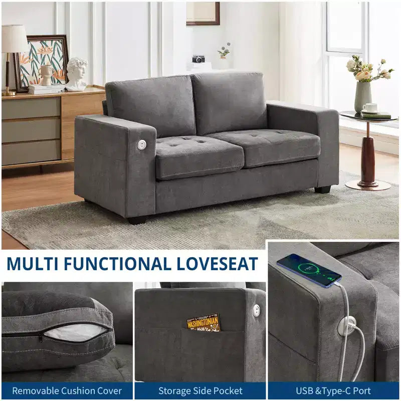 Divano Cloud 70'' in ciniglia stile Mid-Century, Seduta Profonda, Porte USB, Tasche Laterali, Nessun Montaggio