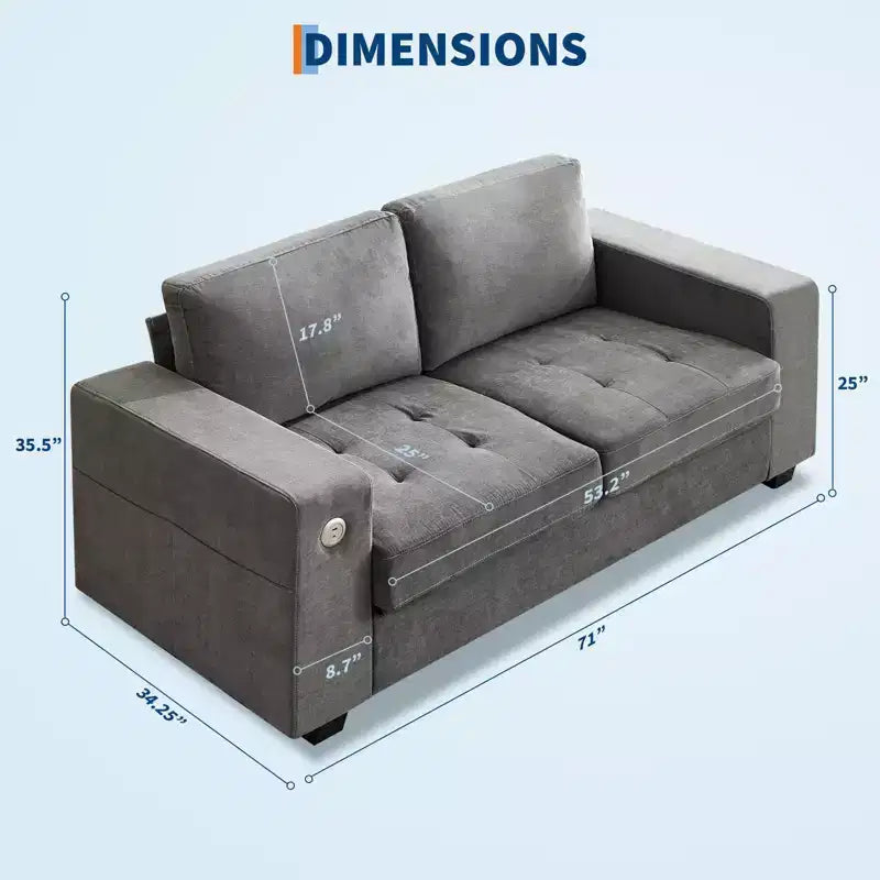 Divano Cloud 70'' in ciniglia stile Mid-Century, Seduta Profonda, Porte USB, Tasche Laterali, Nessun Montaggio
