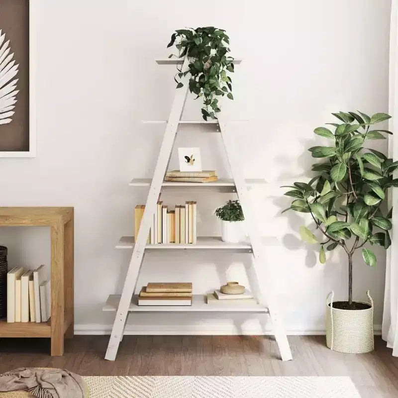 Libreria a giorno a 5 ripiani a forma di A, in legno massello di pino