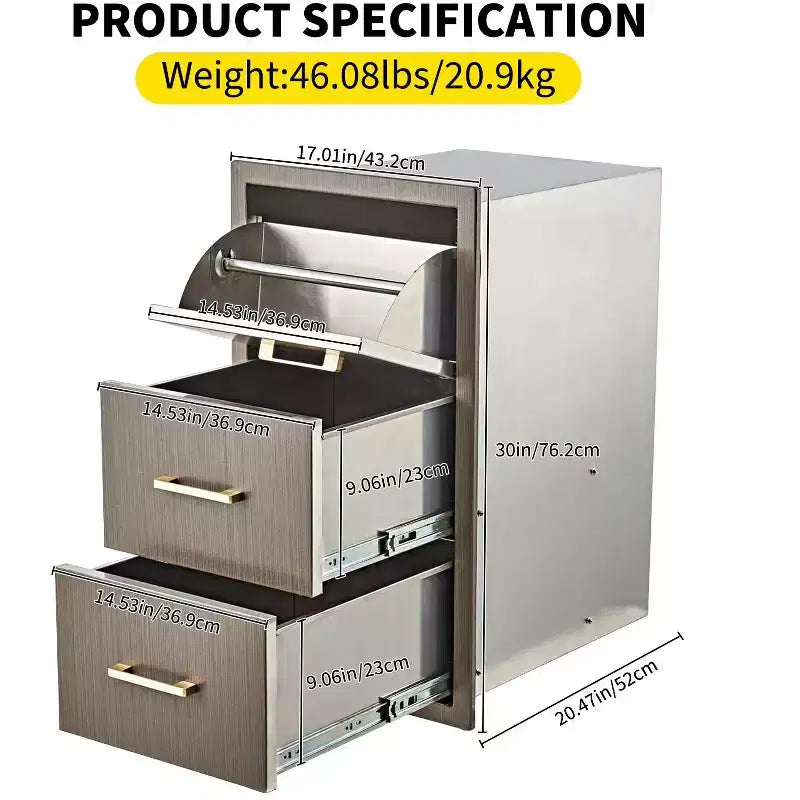 Cassetti da Esterno per Cucina 17 L x 30 H x 21 P, Cassetti Tripli per Barbecue a Filo con Maniglia in Acciaio Inossidabile, Porta Rotolo di Carta