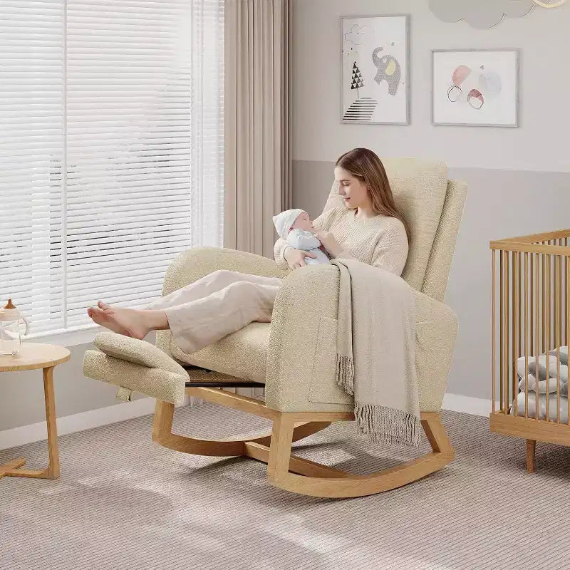 Sedia a Dondolo da Asilo Nido in Pile Teddy - Moderna Sedia a Dondolo con Schienale Alto e Robuste Gambe in Legno Comoda Poltrona per Soggiorno Camera da Letto Asilo Nido