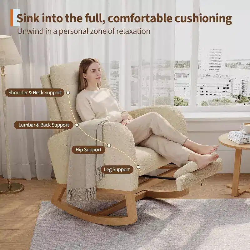 Sedia a Dondolo da Asilo Nido in Pile Teddy - Moderna Sedia a Dondolo con Schienale Alto e Robuste Gambe in Legno Comoda Poltrona per Soggiorno Camera da Letto Asilo Nido