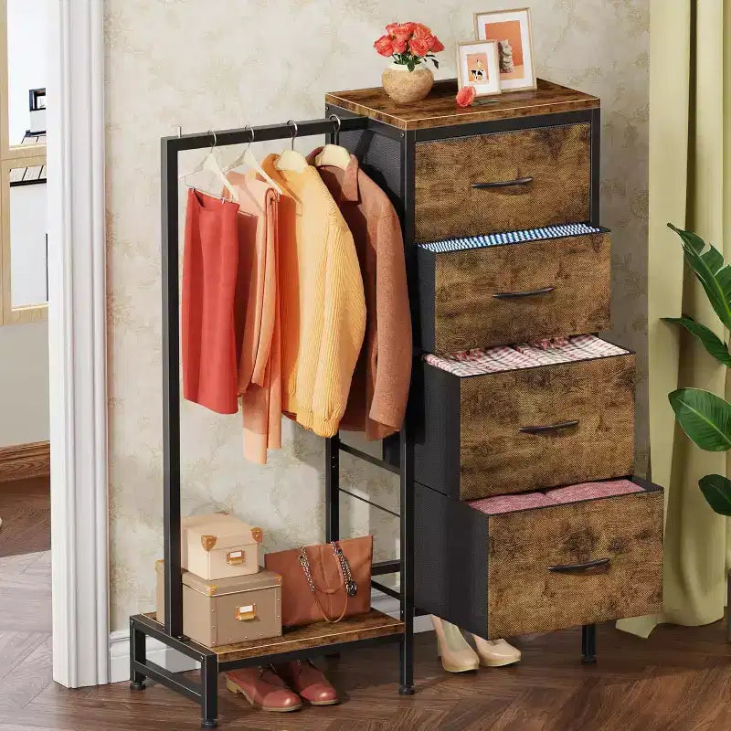 con asta appendiabiti, 4 cassetti Piccolo armadio per camera da letto, Comodino per bambini reversibile in tessuto con appendiabiti, Torre contenitore alta, 112 cm di altezza