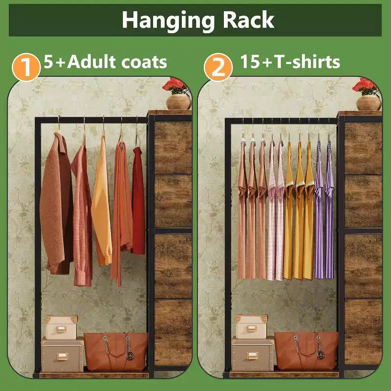 con asta appendiabiti, 4 cassetti Piccolo armadio per camera da letto, Comodino per bambini reversibile in tessuto con appendiabiti, Torre contenitore alta, 112 cm di altezza